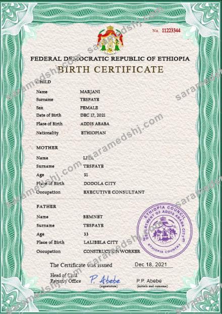 Ethiopia birth certificate PSD template